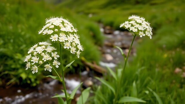 Cluster of blooming angelica flowers swaying by a stream in a green valley.