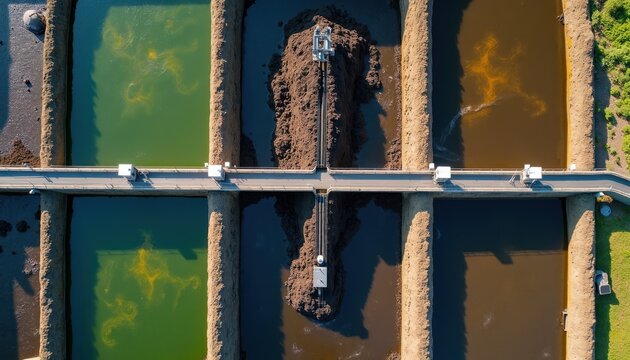 Aerial view of wastewater treatment facility. Water flows through parallel ponds and central sludge channel. System processes waste, cleans water for reuse. Eco-friendly sanitation, infrastructure.