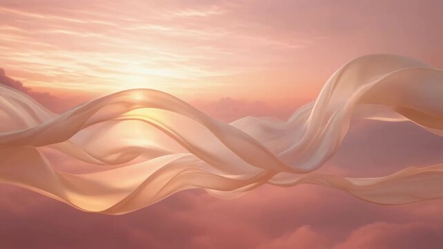 Soft flowing silk fabric waves in warm sunset light with pink sky background
