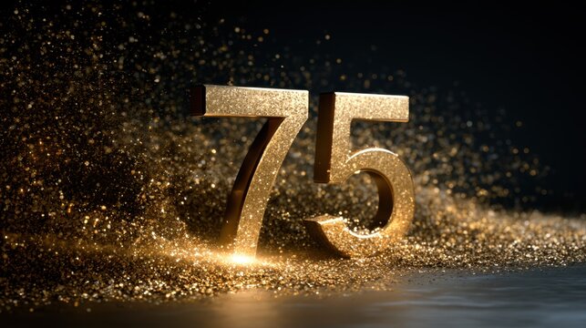 Shimmering golden number seventy-five surrounded by sparkling glitter particles on dark background celebrating milestone or anniversary event celebration concept