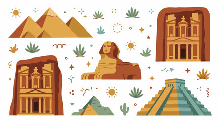 Naklejka premium Ancient Wonders Landmarks Vector Set with Pyramids and Petra