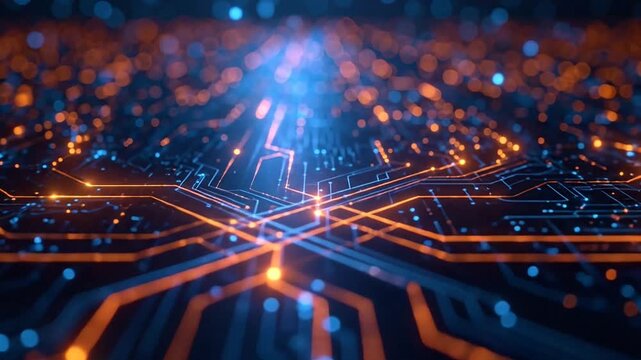 Abstract digital circuit board background with glowing blue and orange lines representing data flow and technology