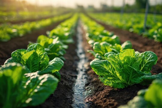 Fresh green lettuce plants growing in moist soil with sunlight illuminating the farm during early morning irrigation in a sustainable vegetable garden setting