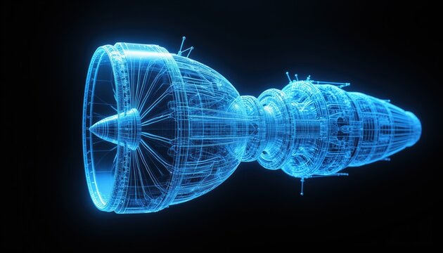 Abstract blue wireframe jet engine design. Futuristic aircraft propulsion concept. Technical blueprint illustration for aerospace engineering or sci fi.