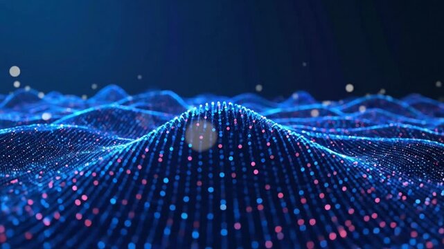 Abstract digital data wave network with glowing blue and pink particles in a futuristic virtual space