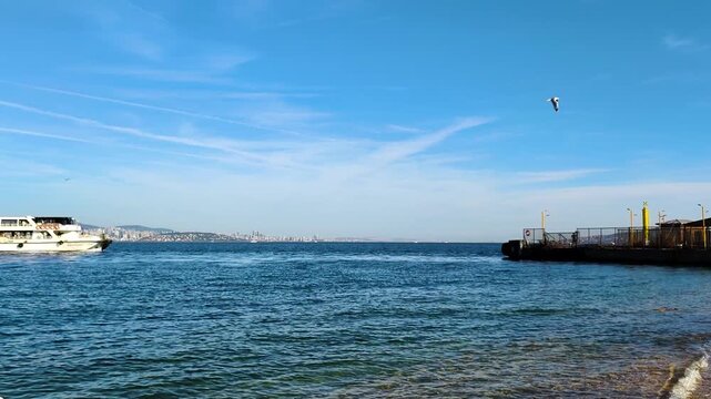 Scenic View of a Tour Boat and Passenger Ferry Approaching Kinaliada Pier in Prince Islands under Clear Blue Sky, Sea Transportation and Tourism Concept in Istanbul Turkey