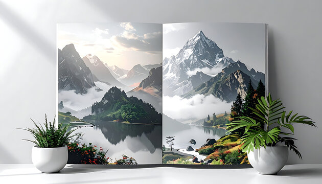 Pixel art mountain landscape diptych with pine forest and lake, nature scenery