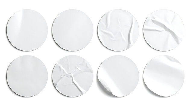 Set of eight round adhesive paper stickers with realistic wrinkles, creases, and folds