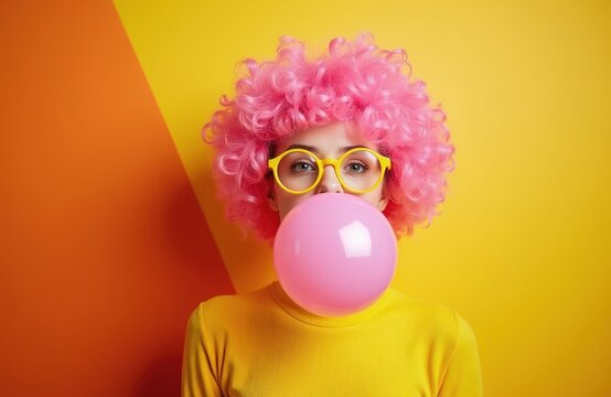 Woman with curly pink wig and yellow glasses blows large pink bubble gum bubble. She wears a yellow shirt against orange and yellow background. Face close up shot.