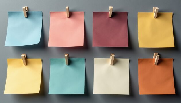 Eight colorful paper notes hang on a grey wall secured by small clips. Each note displays a different hue, forming a visually pleasing grid. These notes are perfect for reminders, ideas, or planning.