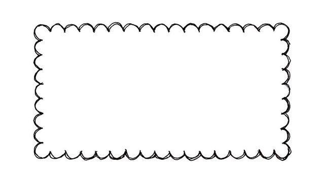 Black hand-drawn scalloped frame animation, wavy rectangle border on white background, sketchy doodle element for titles, creative design asset, minimalist motion graphic.

