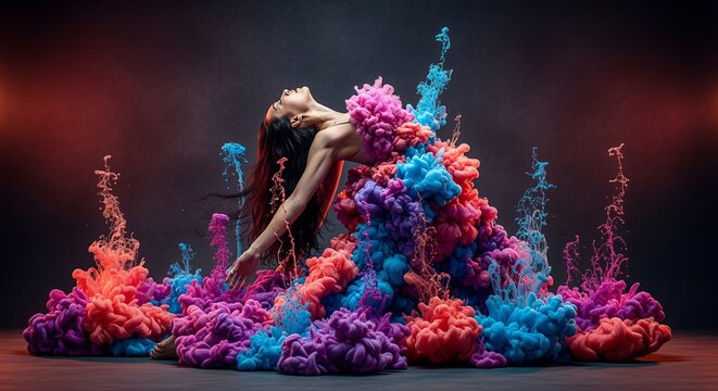 Vibrant dancer in mid air leap surrounded by colorful  plumes against dark studio backdrop