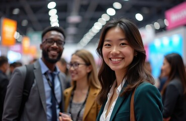 Obraz premium Young professionals network at busy expo. Diverse group meet, talk, smile. Business people connect, share ideas at trade show. Career event atmosphere, future jobs opportunity.
