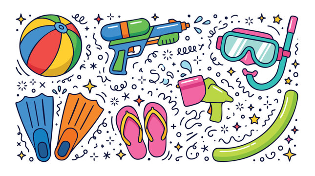 Summer Swimming Pool Gear and Beach Toys Doodle Illustration