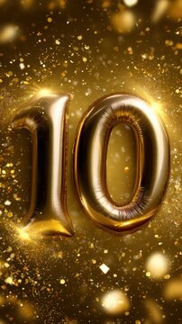 Shiny metallic gold balloons shaped as number ten surrounded by sparkling golden confetti and glowing light effects on a festive background