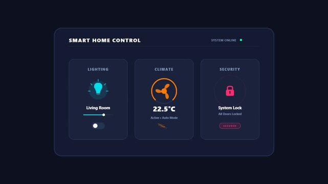 Modern smart home control dashboard featuring interactive widgets for lighting adjustments, climate temperature monitoring, and high-tech security system status.