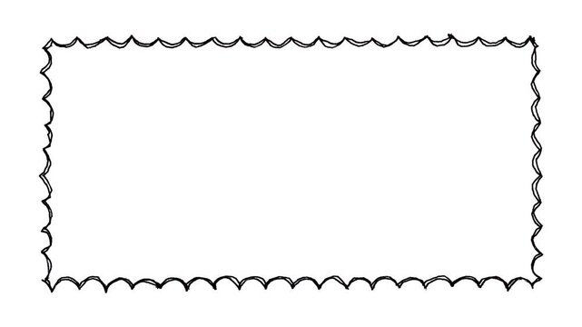Black hand-drawn wavy frame animation, sketchy scalloped border motion graphic, doodle rectangle isolated on white background, minimalist drawing element, creative title border.

