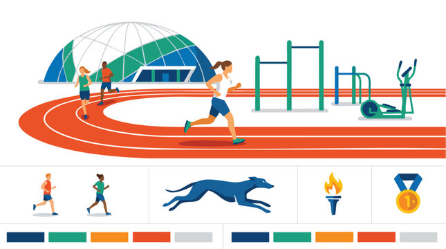People running on a track with athletic equipment and sports icons