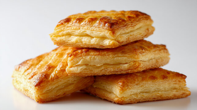 Stack of golden flaky puff pastry squares with crisp layers perfectly baked and ready to enjoy on a clean white background for bakery or dessert concepts