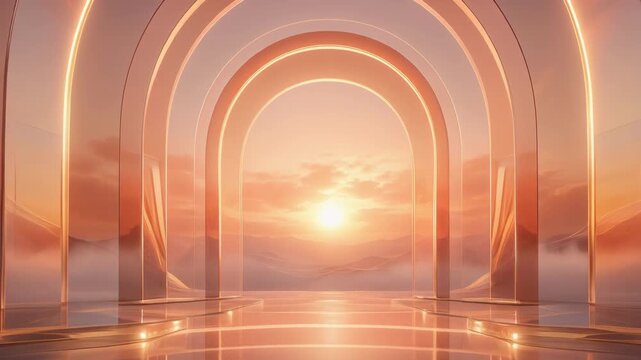 Futuristic translucent arches glowing with a sunset background