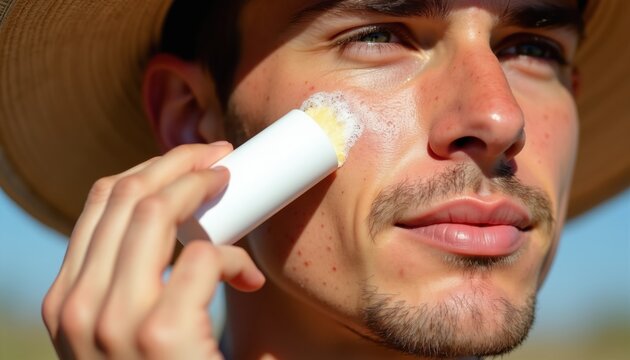 Young man with skin blemishes applies white sunscreen stick to face outdoors. He wears a wide brim hat for sun protection. Close up on skincare routine.