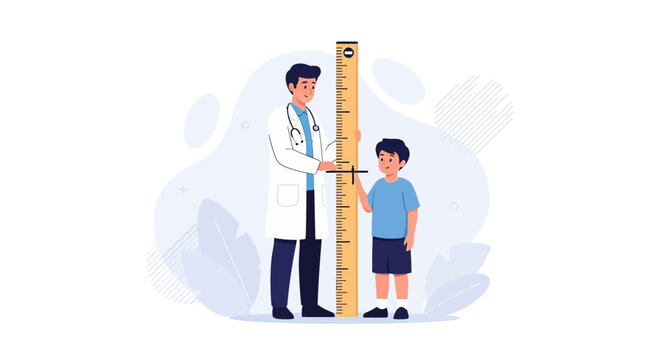 Doctor measures boy's height with stadiometer on a white background with abstract blue shapes and leaves.