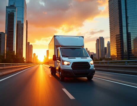 White cargo van drives on highway towards city skyline at sunset. Modern trucks transport goods for urban deliveries and logistics. Vehicle moves fast on road.