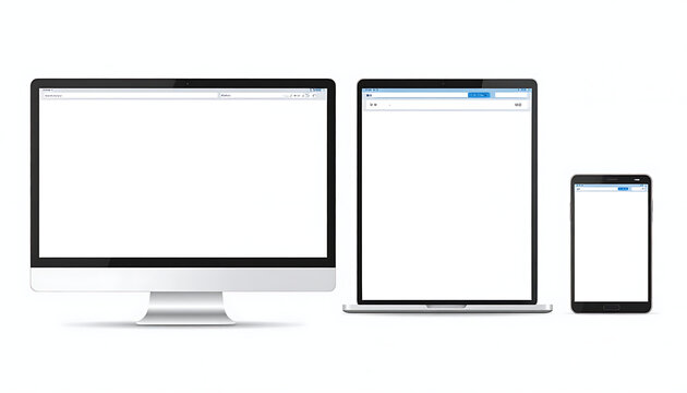 Responsive electronic device set including desktop monitor laptop and smartphone screen for web development showcase and template UI design display