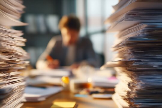 Overwhelmed businessperson working late surrounded by towering piles of paperwork in a cluttered modern office environment during busy work hours