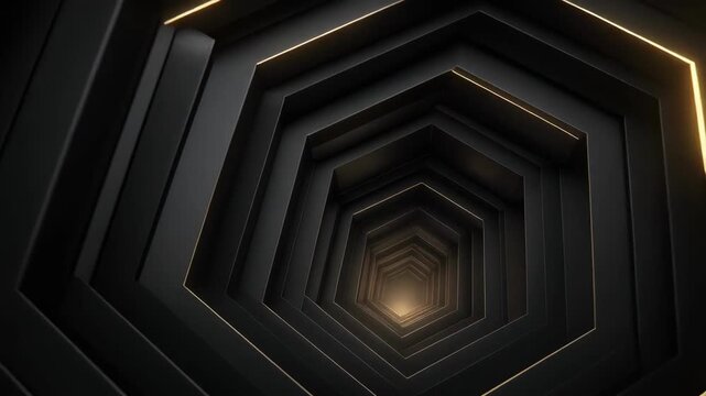 Dark hexagonal tunnel with layered geometric patterns and glowing center