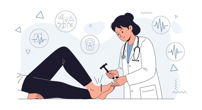 Doctor performing neurological reflex test on patient's foot with reflex hammer, medical illustration style