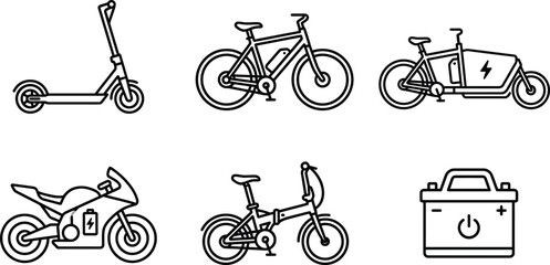 Collection of electric vehicle icons including scooter bicycle motorcycle and battery in a clean line art style for transportation concepts © Hafizbro