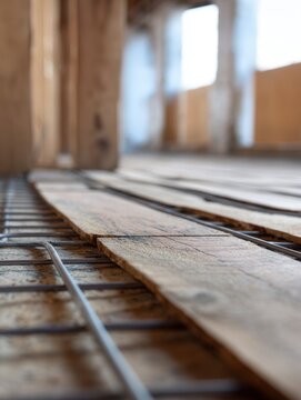Laying wooden flooring over metal reinforcement mesh during home renovation with natural light coming through windows in the background