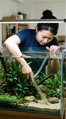 Naklejka premium Woman cleaning planted aquarium tank with gravel vacuum siphon. Exotic pet hobbyist maintaining freshwater fish tank. Aquascaping maintenance, water change and aquatic plant care.