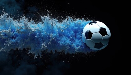 Fototapeta premium Soccer ball moves through blue water splashes and mist on dark background. Dynamic sport motion, liquid effect. Abstract action for game or competition.