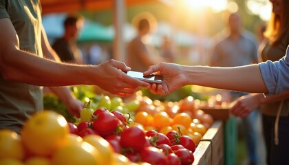 Obraz premium Customer pays with phone at outdoor market stall. Buyer uses smartphone for contactless payment for fresh farm produce. Seller accepts payment over produce.