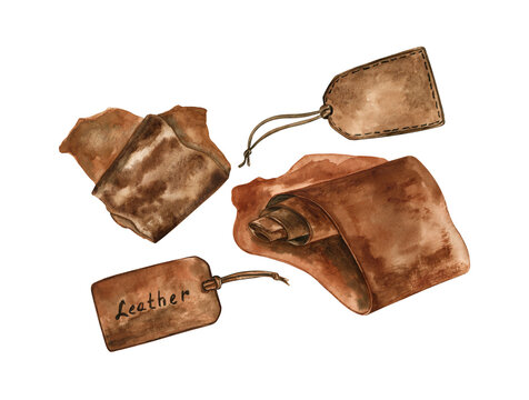 Watercolor illustration of leather swatches and labels isolated on transparent background. Detailed hand-drawn clip art with beautiful watercolor texture. For articles about fashion and perfumery