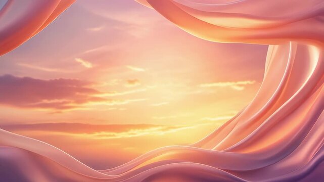 Abstract pink and orange flowing shapes framing a glowing sunset sky