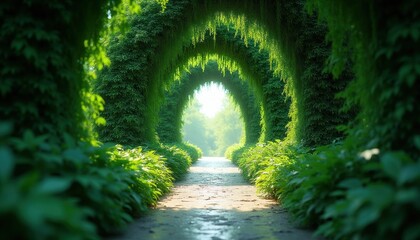 Naklejka premium Path through rich green hedge tunnel archway. Sunlight streams through dense foliage, revealing verdant nature beyond. Serene walkway leads into bright open space.