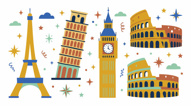 Famous World Landmark Icons Flat Vector Illustration Set