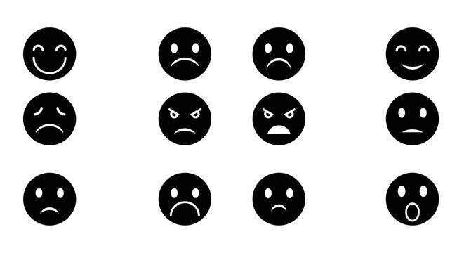 A versatile collection of black and white emotion icons, depicting various facial expressions from happiness to sadness and anger, suitable for user feedback and digital communication tools