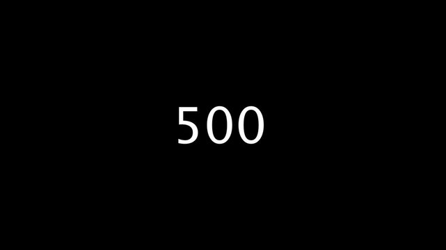 Digital number counter reaching 500, white digits counting up on black background, social media milestone, financial achievement goal, business growth, motion graphic.
