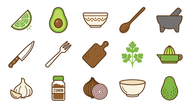 Colorful kitchen utensils and fresh ingredients vector icons set for making guacamole sauce