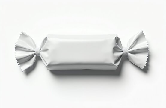Blank white candy wrapper mockup with twisted ends for food packaging design. Isolated candy bar template for branding product label. Sweet snack confectionery presentation on white surface.