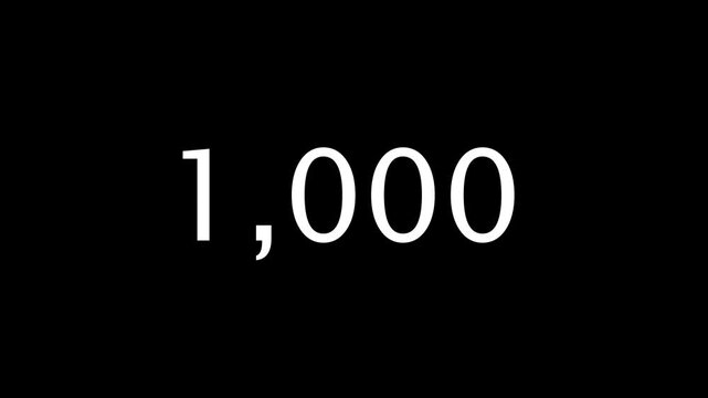 One, thousand, number, counter, animation, white, digits, counting, up, to, 1000, on, Alpha channel, social, media, milestone, celebration, financial, success, achievement, goal.