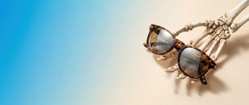 Human skeleton hand holding stylish tortoiseshell sunglasses on a split blue and beige background