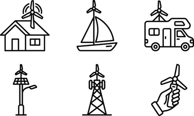 Naklejka premium Set of renewable energy icons including wind turbines on a house boat RV and street light vector illustration for eco-friendly concepts