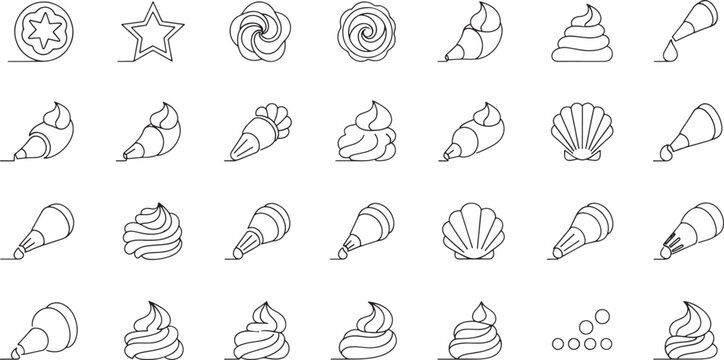 Line drawing icons of seashells and frosting swirls and star and circles  various decorative elements for graphic design and illustration