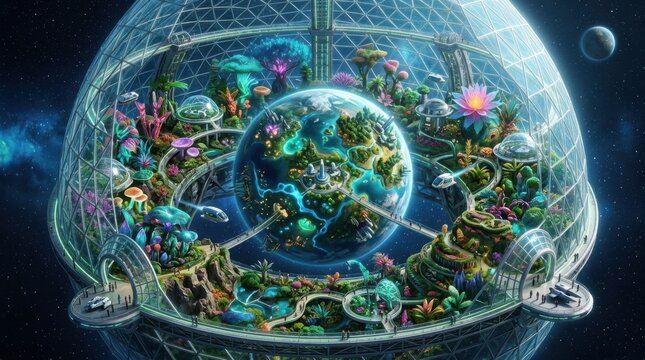 Futuristic city inside a large glass dome