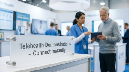Fototapeta premium Healthcare professional demonstrating telehealth services to an older patient at a medical conference or technology expo booth